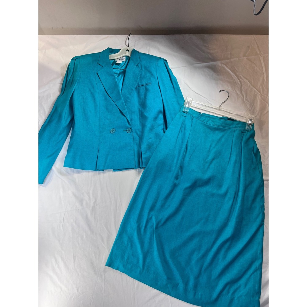 Nathaniel Stone Vintage Teal Blue Rayon Linen Skirt Suit Set Size 8 Made in USA